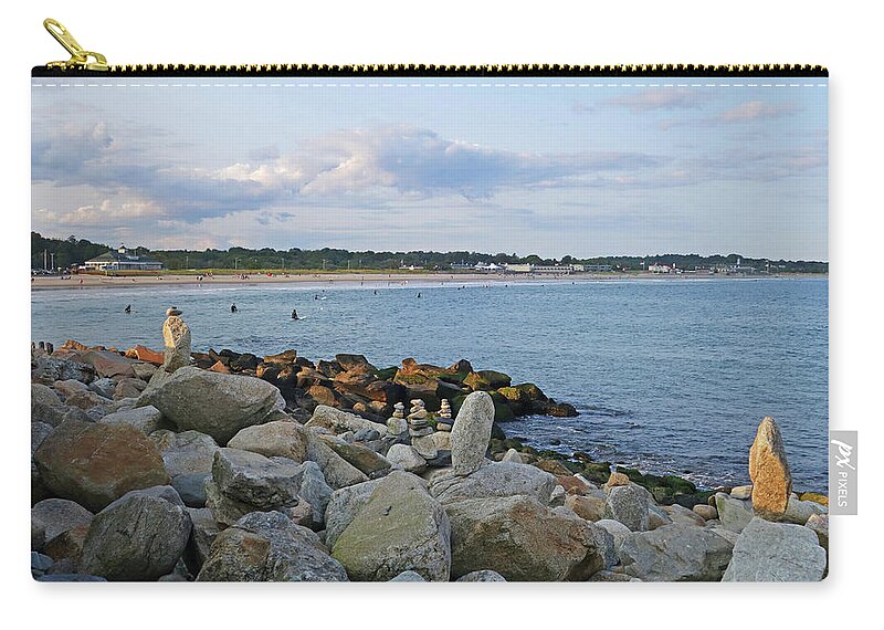 Narragansett Zip Pouch featuring the photograph Rock Cairns of Narragansett Beach Narragansett RI by Toby McGuire