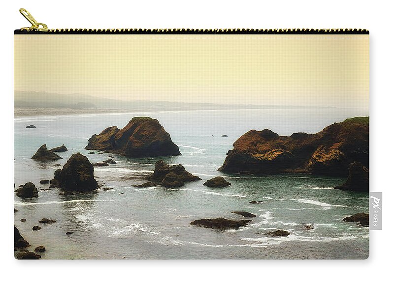 Fog Zip Pouch featuring the photograph Rocky Coast by Frank Wilson