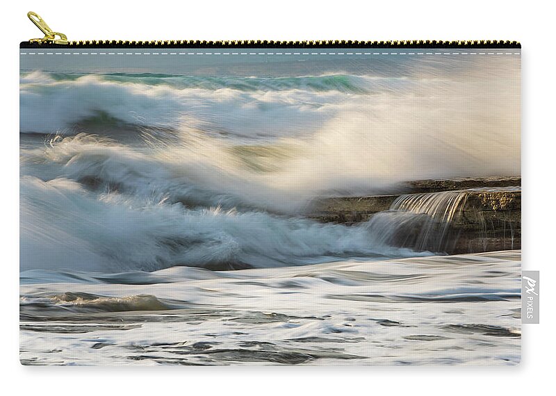 Sea Waves Carry-all Pouch featuring the photograph Rocky seashore, wavy ocean and wind waves crashing on the rocks by Michalakis Ppalis