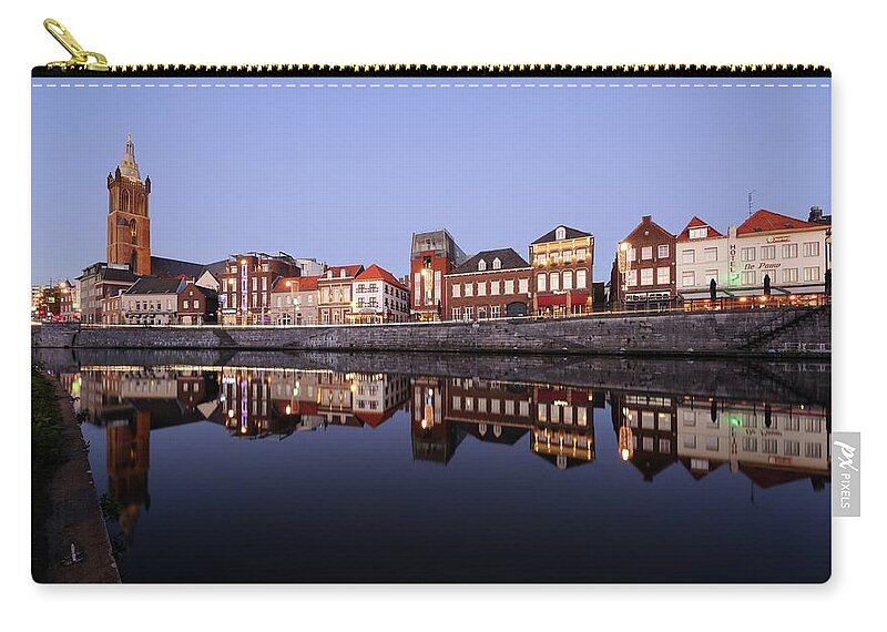 Roerkade Zip Pouch featuring the photograph Roerkade in Roermond with the St. Christopher's Cathedral at dusk 292 by Merijn Van der Vliet