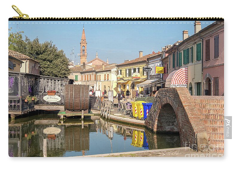 Valli Di Comacchio Zip Pouch featuring the photograph romantic canal restaurant in Comacchio, Emilia Romagna taly by Luca Lorenzelli