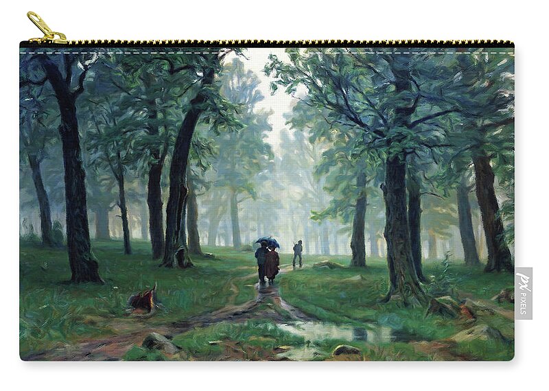 Romantic Forest Walk In The Rain Zip Pouch featuring the painting Romantic Forest Walk In The Rain by Georgiana Romanovna