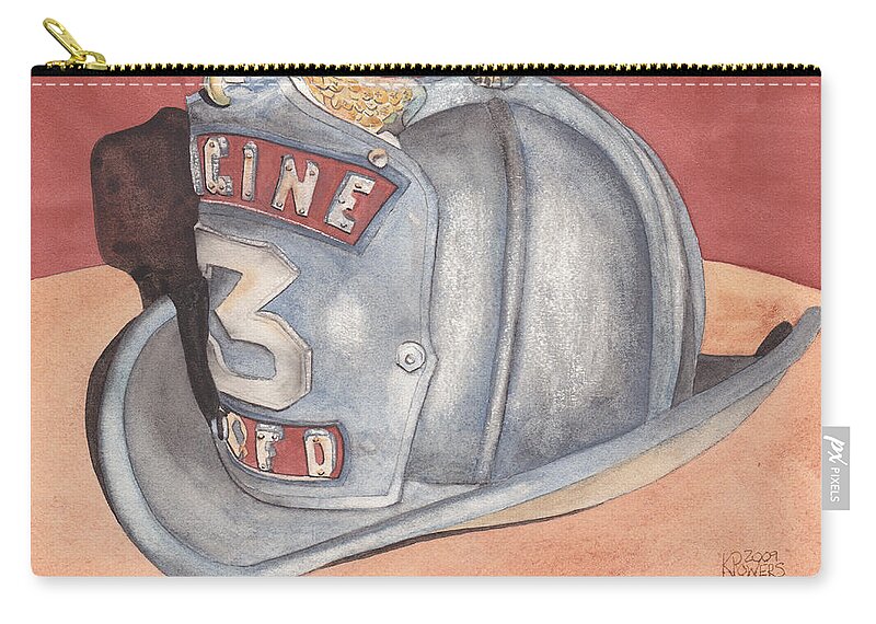 Fire Zip Pouch featuring the painting Rondo's Fire Helmet by Ken Powers
