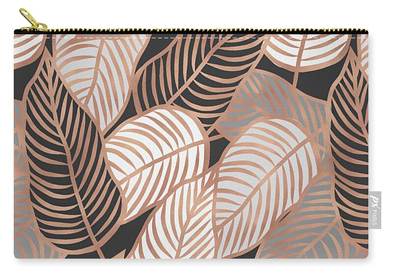Rose Zip Pouch featuring the mixed media Rose Gold Jungle Leaves by Emanuela Carratoni