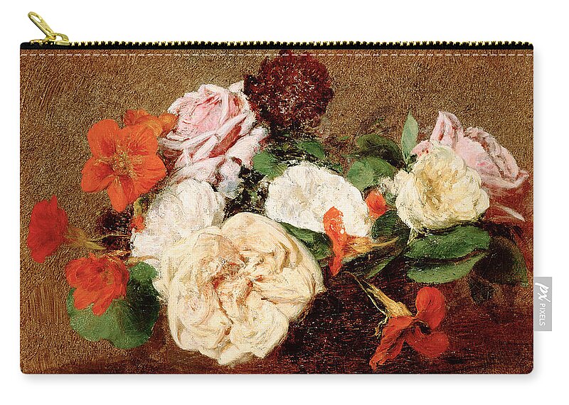 Henri Fantin-latour Zip Pouch featuring the painting Roses and Nasturtiums in a Vase by Henri Fantin-Latour