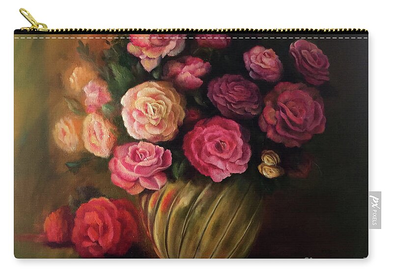 Still Life Zip Pouch featuring the painting Roses in Brass Bowl by Marlene Book