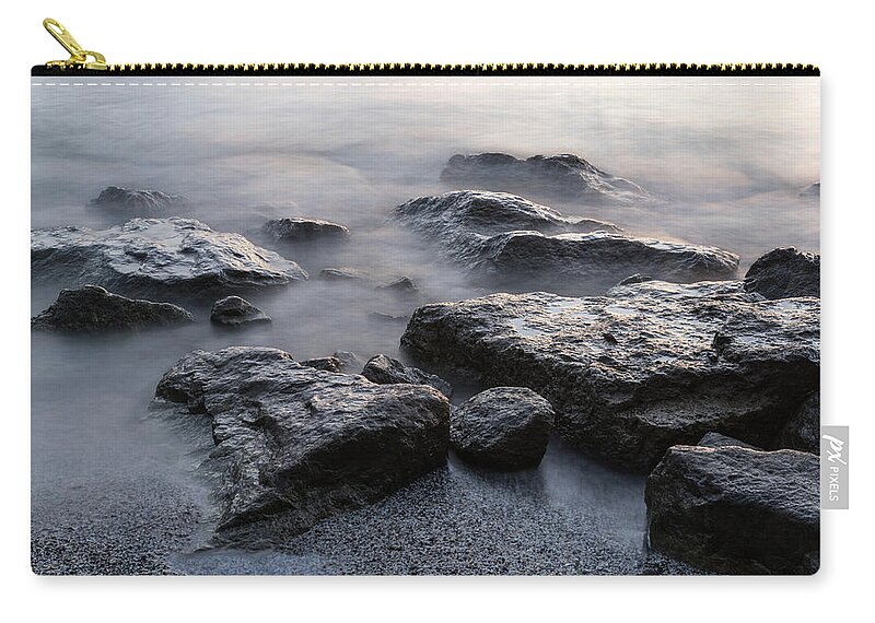 Rough And Soft Zip Pouch featuring the photograph Rough and Soft - Smoky Waves and Rocks on the Beach by Georgia Mizuleva