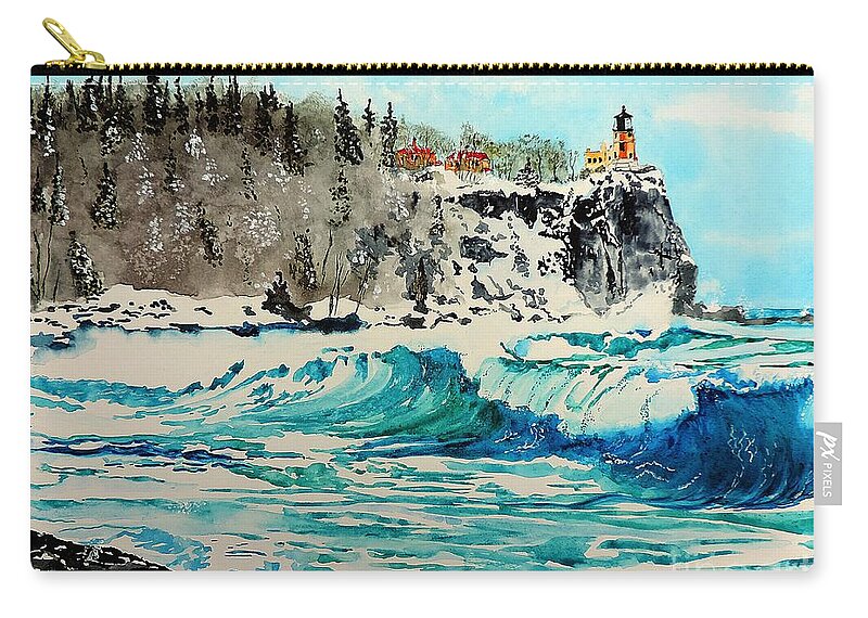 Split Rock Zip Pouch featuring the painting Rough Water at Split Rock by Tom Riggs