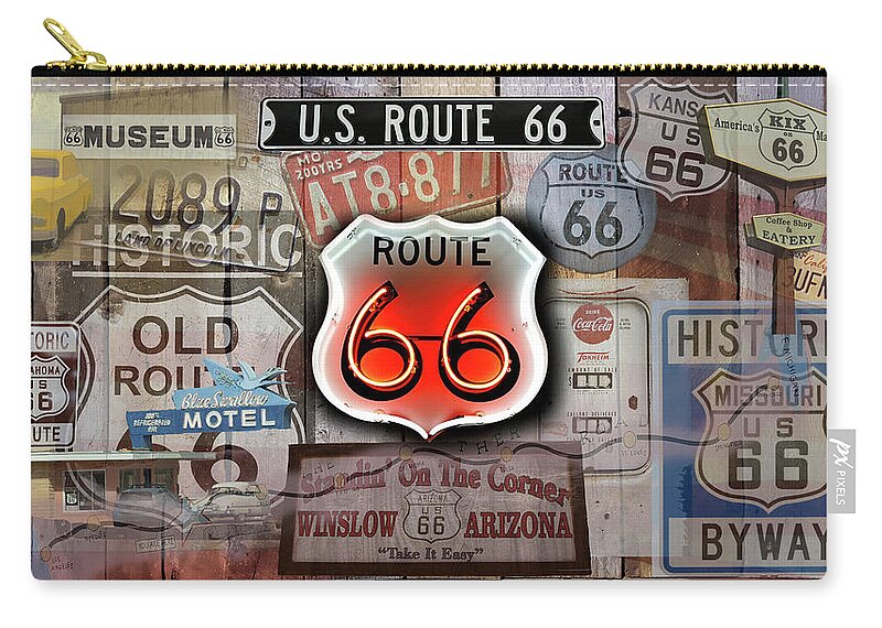 America's Mainstreet Zip Pouch featuring the photograph Route 66 Americas Main Street by Jeff Folger