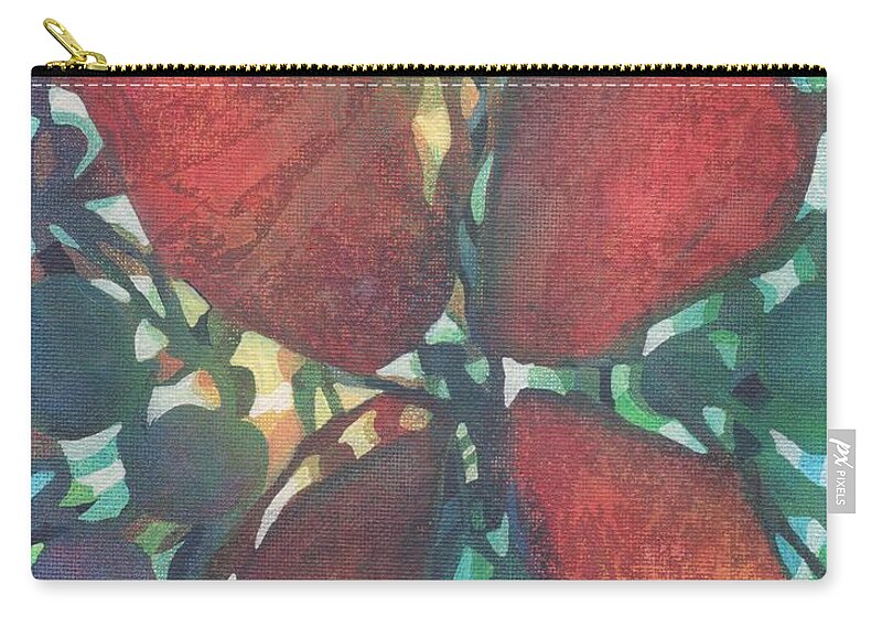 Colorful Imaginary Imaginary Butterfly In A Rainbow-colored Make Believe Tropical Garden. This Vibrant Abstract Butterfly Painting Is The Perfect Accent Piece To Brighten Your Room Or Attract Attention When Added To Any Grouping.  Zip Pouch featuring the painting Ruby Red Butterfly by Joan Clear