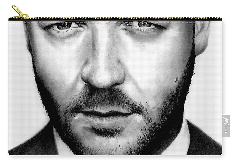 Russell Crowe Zip Pouch featuring the drawing Russell Crowe by Rick Fortson
