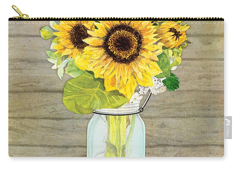 Watercolor Carry-all Pouch featuring the painting Rustic Country Sunflowers in Mason Jar by Audrey Jeanne Roberts