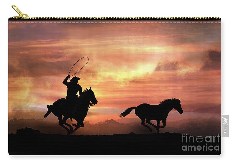 Cowboy Zip Pouch featuring the photograph Rustic Country Western Cowboy and Wild Horse Silhouette by Stephanie Laird