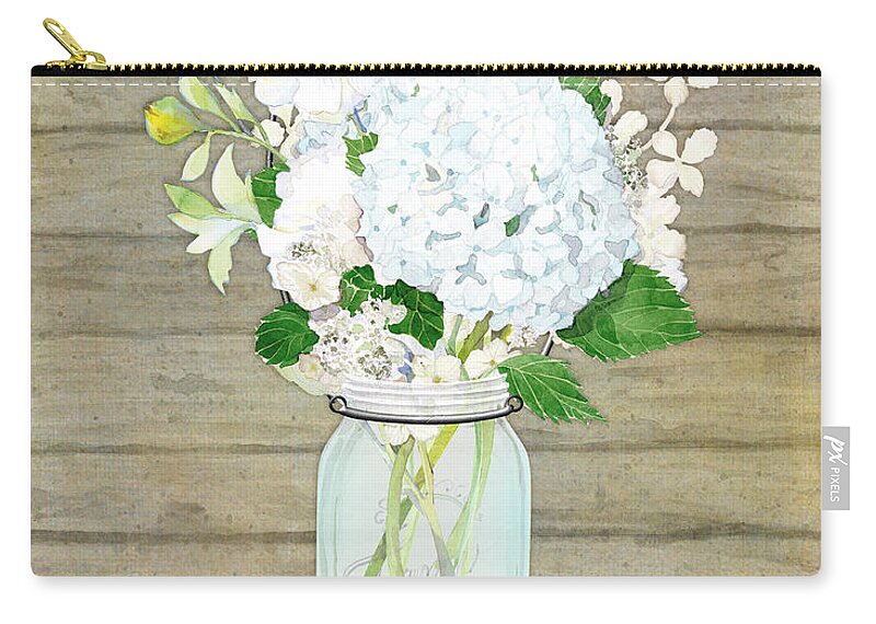 White Hydrangea Carry-all Pouch featuring the painting Rustic Country White Hydrangea n Matillija Poppy Mason Jar Bouquet on Wooden Fence by Audrey Jeanne Roberts