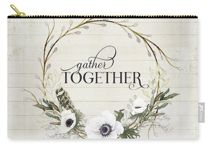 Gather Together Zip Pouch featuring the painting Rustic Farmhouse Gather Together Shiplap Wood Boho Feathers n Anemone Floral 2 by Audrey Jeanne Roberts