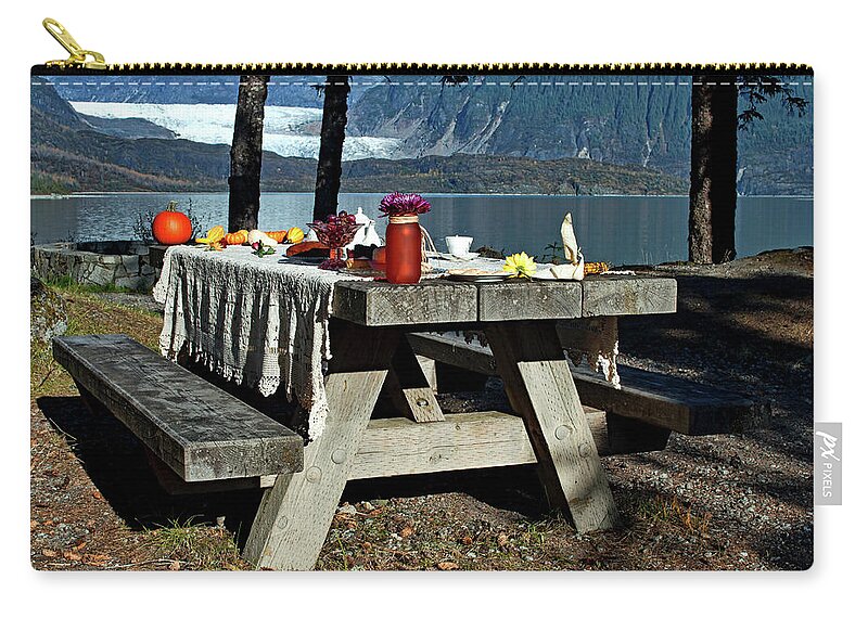 Picnic Table Zip Pouch featuring the photograph Rustic Tea Table 2 by Cathy Mahnke