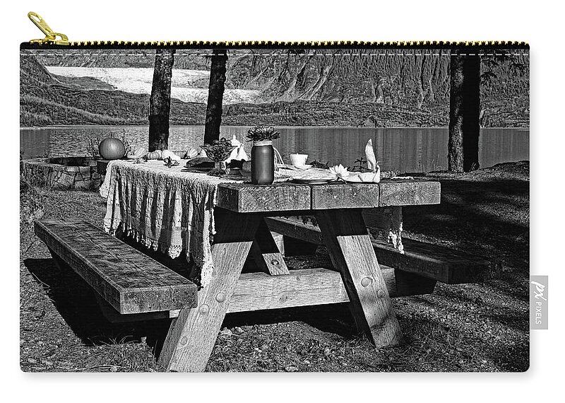 Picnic Table Zip Pouch featuring the photograph Rustic Tea Table Monochrome by Cathy Mahnke