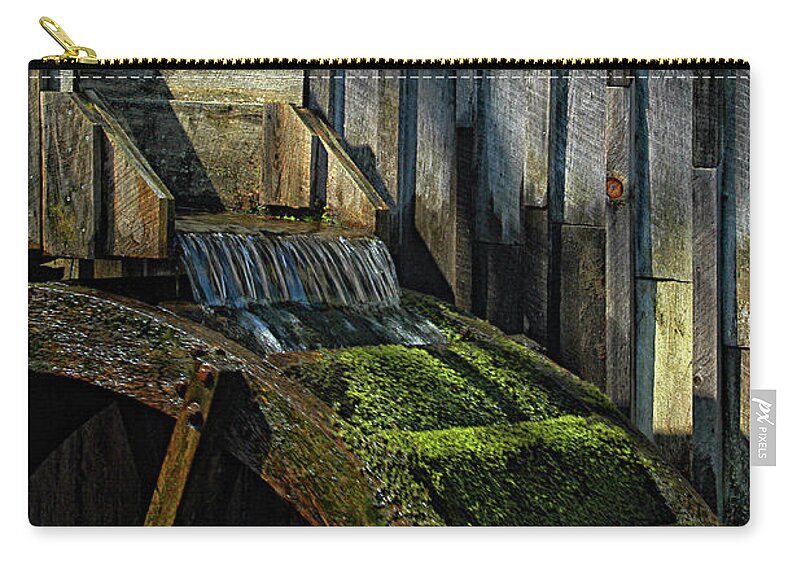 Water Zip Pouch featuring the photograph Rustic Water Wheel with Moss by Mitch Spence