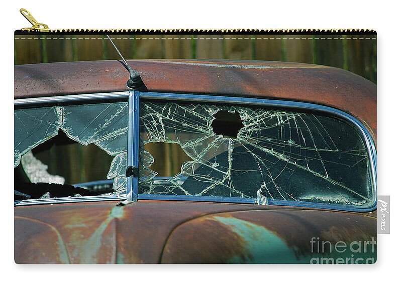 Car Zip Pouch featuring the photograph Rusting Vandalism-Signed-#3851 by J L Woody Wooden