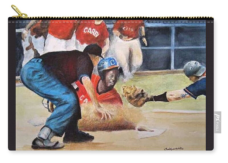 Baseball Zip Pouch featuring the painting Safe At Home by Bobby Walters