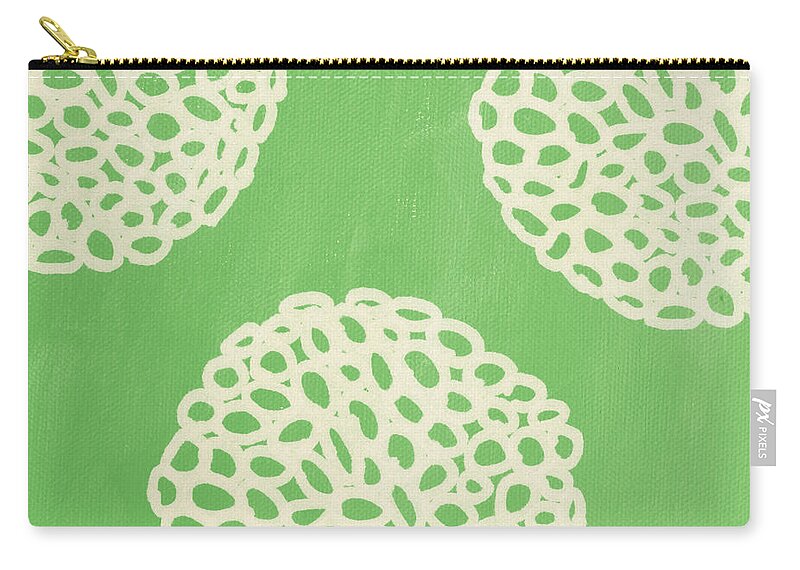 Sagegreen White Doodle Painting Abstract Ball Poof pottery Barn Style crate And Barrel Style west Elm Style ikea Style Pattern Dandelion Carry-all Pouch featuring the painting Sage Garden Bloom by Linda Woods