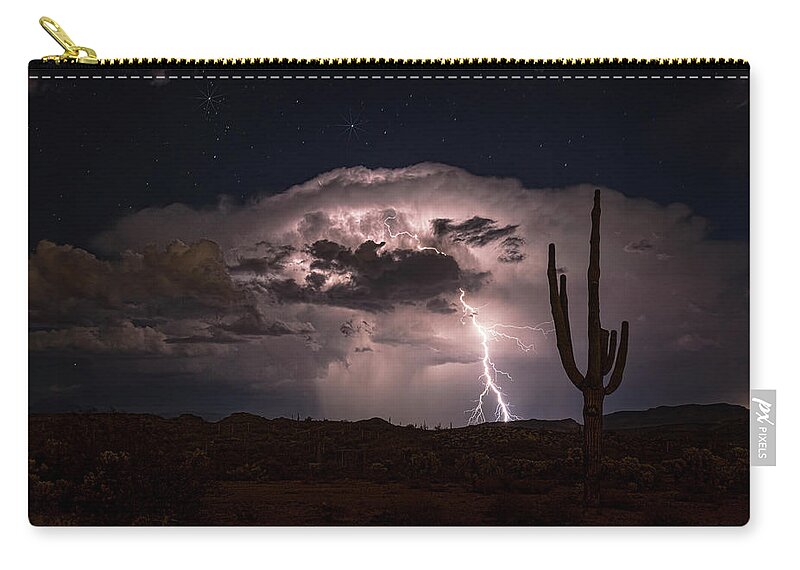 Lightning Zip Pouch featuring the photograph Saguaro Lit Up by the Lightning by Saija Lehtonen