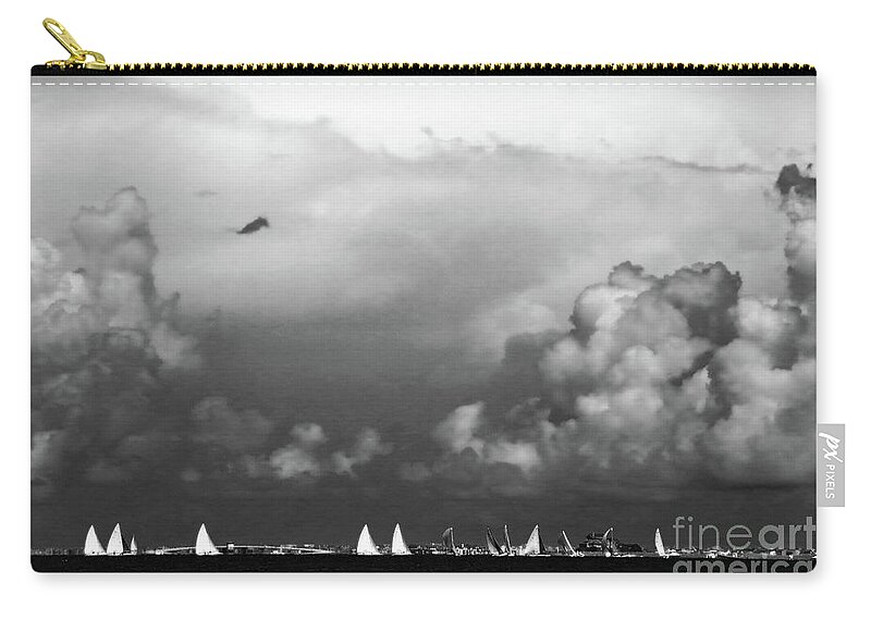 Landscape Zip Pouch featuring the photograph Sailboats and Thunderheads in BW by Mary Haber