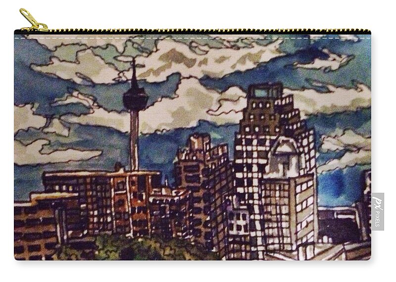 Cityscape Zip Pouch featuring the painting San Antonio Skyline by Angela Weddle