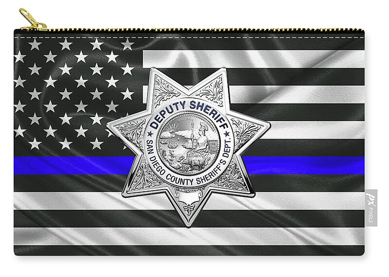  ‘law Enforcement Insignia & Heraldry’ Collection By Serge Averbukh Zip Pouch featuring the digital art San Diego County Sheriff's Department - S D S O Deputy Sheriff Badge over The Thin Blue Line Flag by Serge Averbukh