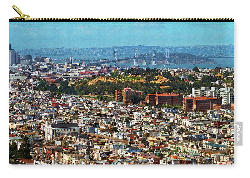 San Francisco Bay Bridge Carry-all Pouch featuring the photograph San Francisco Oakland Bay Bridge Cityscape View 1989 by Kathy Anselmo