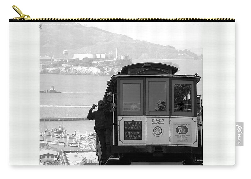 San Francisco Cable Car Zip Pouch featuring the photograph San Francisco Cable Car with Alcatraz by Shane Kelly