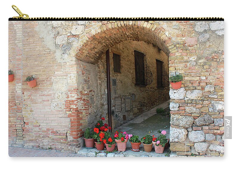 Italy Zip Pouch featuring the photograph San Gimignano flowers in Archway by Adam Long