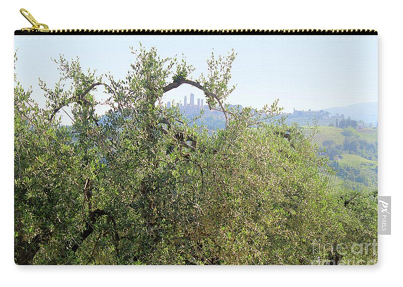 Olive Zip Pouch featuring the photograph San Gimignano in Italy encircled by an olive branch by Adam Long