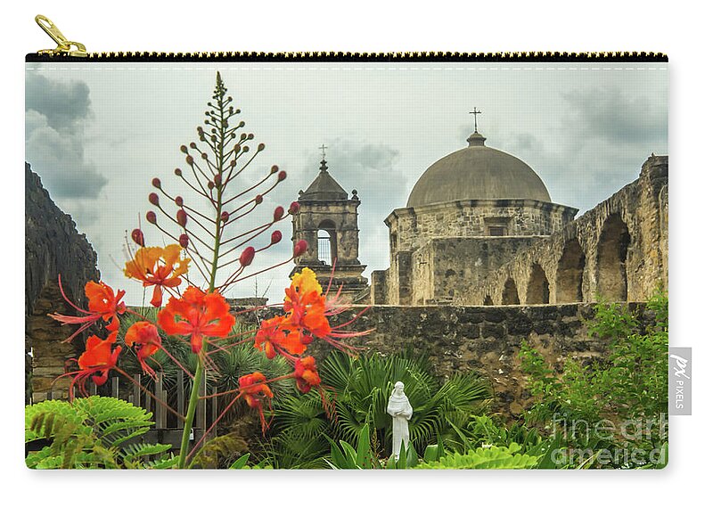 San Antonio Zip Pouch featuring the photograph Mission San Jose with Pride of Barbados by Michael Tidwell
