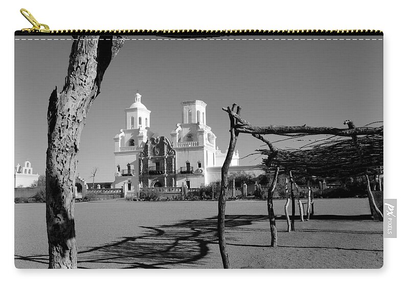 Old Zip Pouch featuring the photograph San Xavier del Bac, Monochrome by Gordon Beck