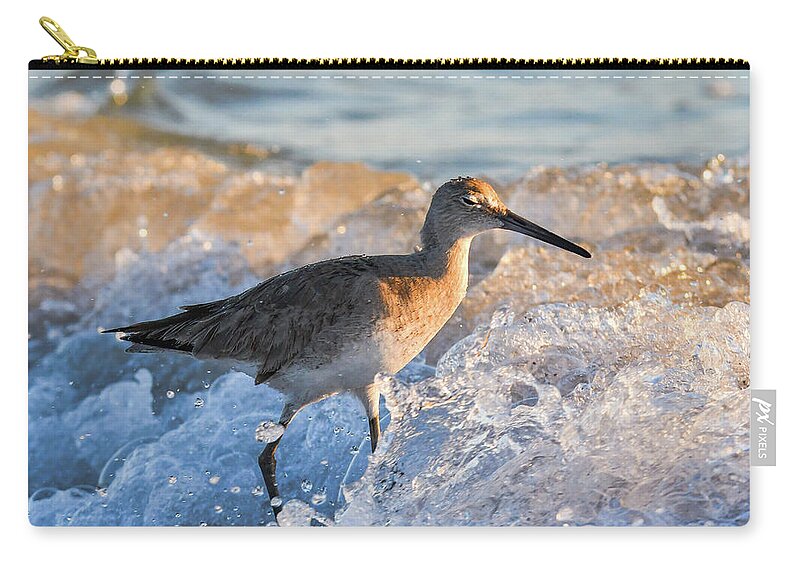 Baird's Zip Pouch featuring the photograph Sandpiper Bathing at Sunset by Artful Imagery