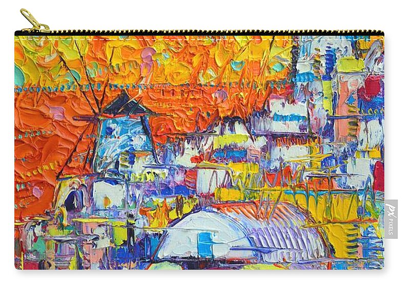 Santorini Zip Pouch featuring the painting SANTORINI SUNSET OIA WINDMILLS modern impressionist abstract cityscape knife oil Ana Maria Edulescu by Ana Maria Edulescu