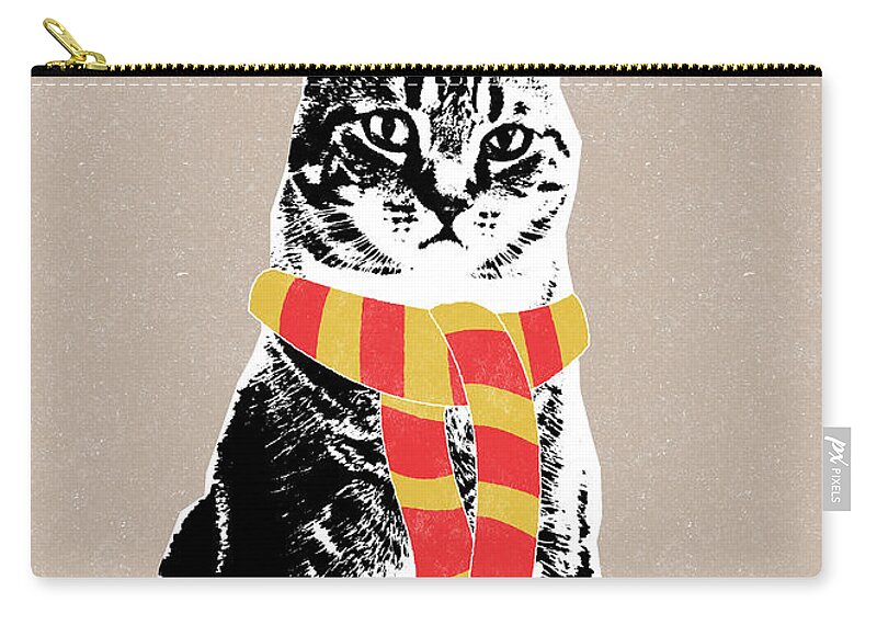 Cat Zip Pouch featuring the mixed media Scarf Weather Cat- Art by Linda Woods by Linda Woods