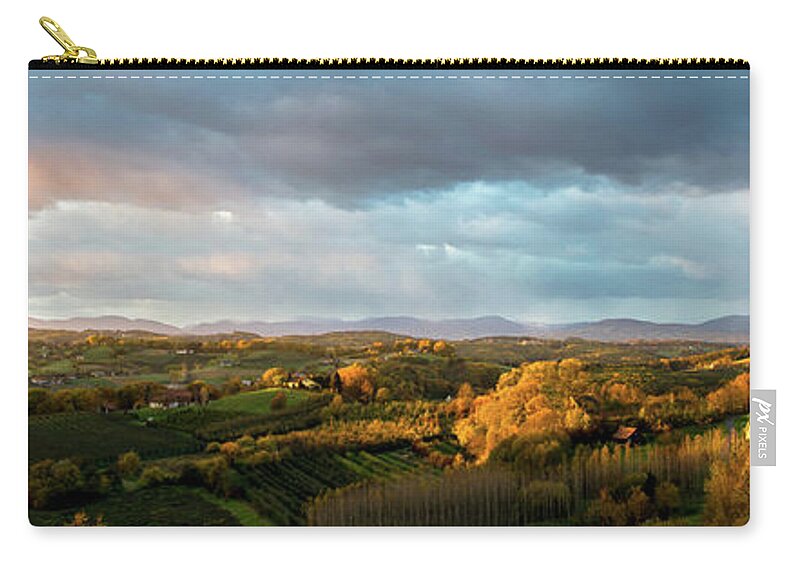 Landscape Zip Pouch featuring the photograph Scenic Autumnal Landscape at Sunset in Austria by Andreas Berthold