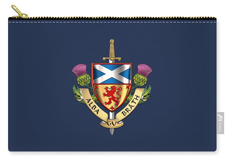“world Heraldry” Collection Serge Averbukh Carry-all Pouch featuring the digital art Scotland Forever - Alba Gu Brath - Symbols of Scotland over Blue Velvet by Serge Averbukh