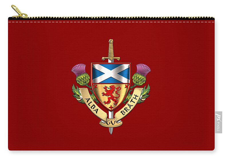 “world Heraldry” Collection Serge Averbukh Zip Pouch featuring the digital art Scotland Forever - Alba Gu Brath - Symbols of Scotland over Red Velvet by Serge Averbukh