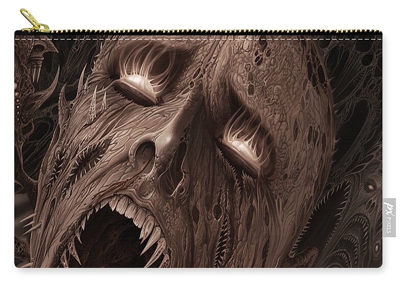 Horror Hellraiser Scream Agony Demon Airbrush Digital Painting Surreal Fangs Fire Brown Red Pain Ecstacy Agony Sacrifice Mindrapeart Markcooperart Hellish Zip Pouch featuring the painting Screams From Beyond by Mark Cooper