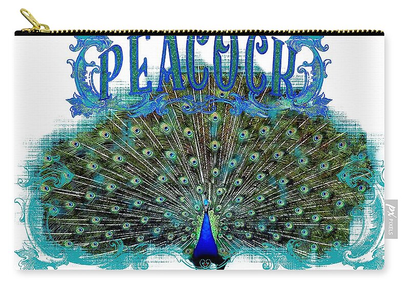 Peacock Carry-all Pouch featuring the painting Scroll Swirl Art Deco Nouveau Peacock w Tail Feathers Spread by Audrey Jeanne Roberts