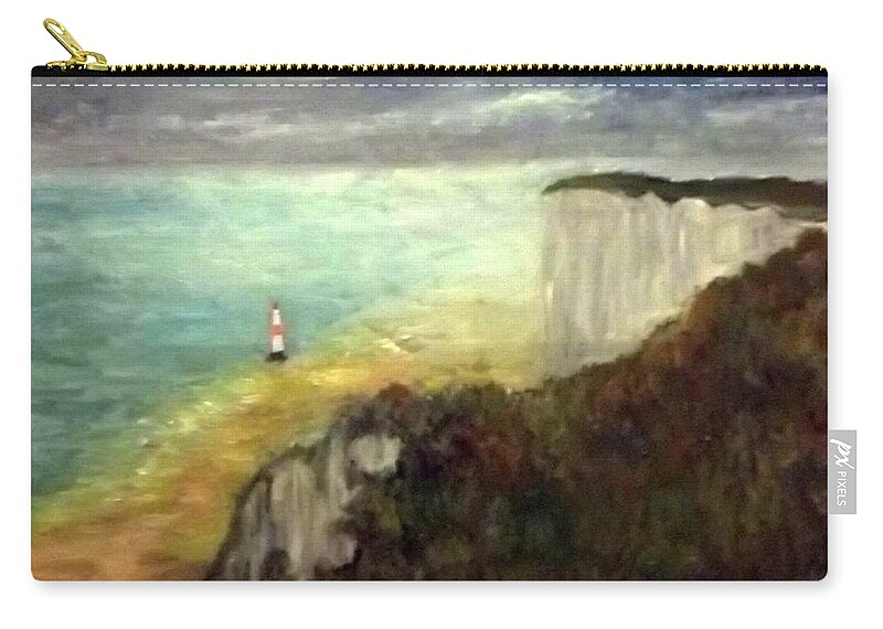 Sea Zip Pouch featuring the painting Sea, Cliffs, Beach and Lighthouse by Peter Gartner