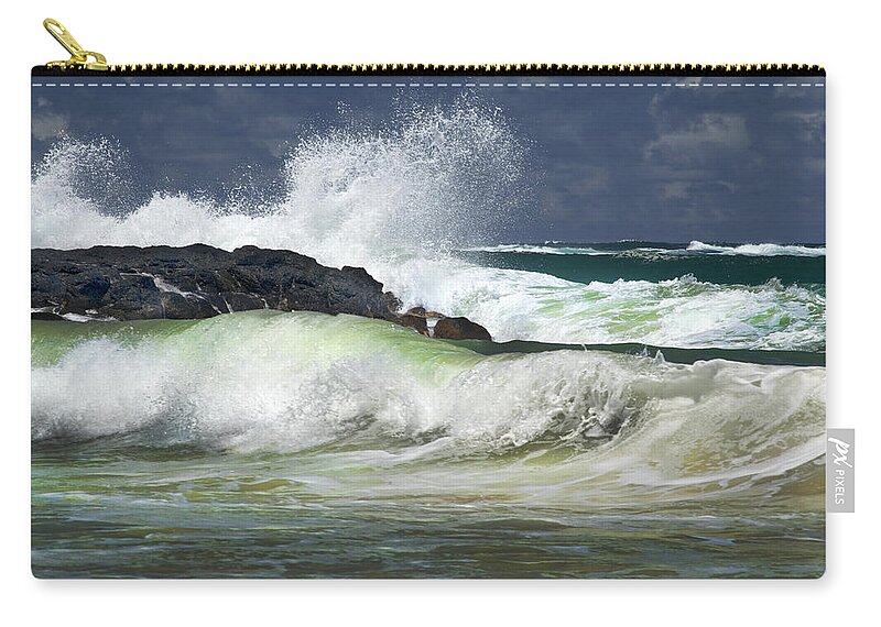 Rolling Breakers Zip Pouch featuring the photograph Sea Meets Rock by Frank Wilson