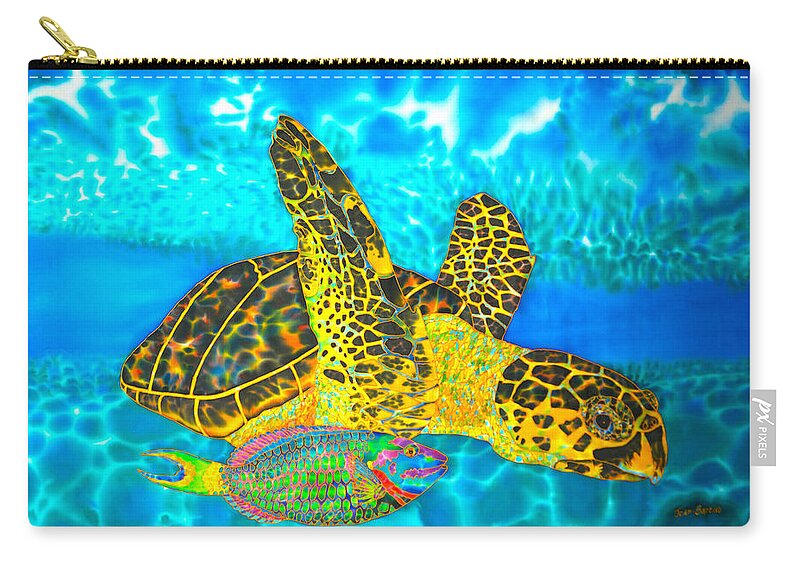 Turtle Zip Pouch featuring the painting Sea Turtle and Parrotfish by Daniel Jean-Baptiste