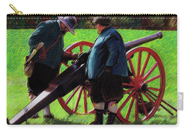 Sealed Knot Zip Pouch featuring the mixed media Sealed Knot, Loading the Cannon by Ann Leech