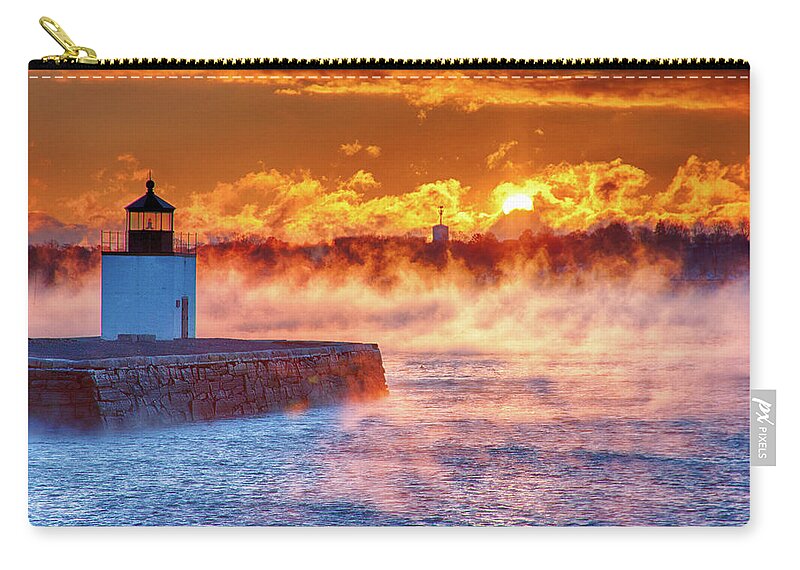 Derby Wharf Salem Zip Pouch featuring the photograph Seasmoke at Salem Lighthouse by Jeff Folger