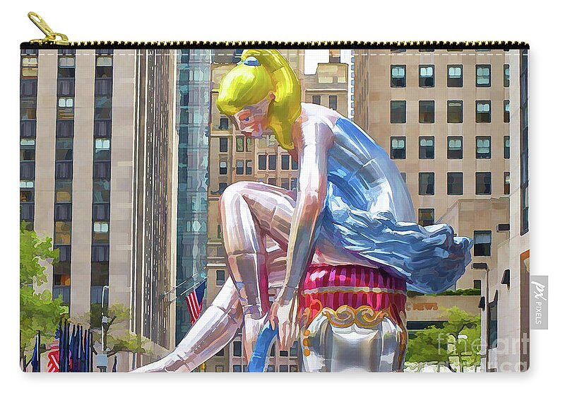 Seated-ballerina Zip Pouch featuring the painting Seated Ballerina at Rockefeller Center 1 by Jeelan Clark
