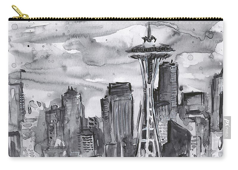 Seattle Zip Pouch featuring the painting Seattle Skyline Space Needle by Olga Shvartsur